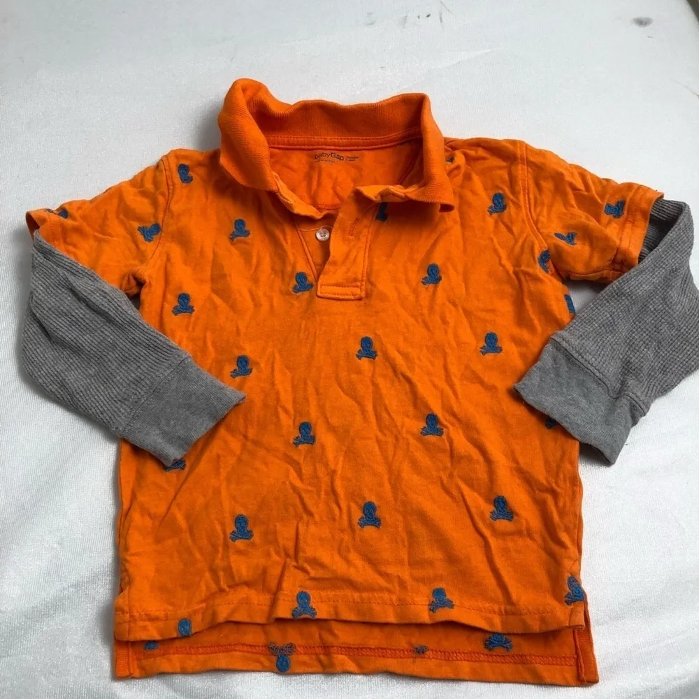 Gap skull print layered look orange blue gray long sleeve polo shirt